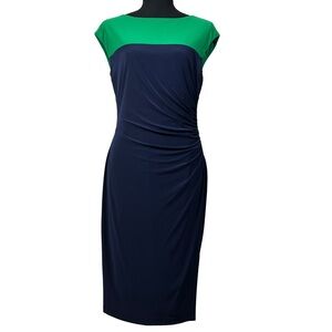 Lauren Ralph Lauren Navy Blue and Green Dress with Ruching, Size 8